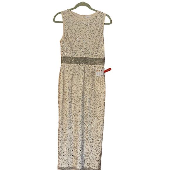 Mac Duggal Geometric Embellished Sleeveless Dress 93758 Nude Silver 6 NWT FLAW - Picture 6 of 10